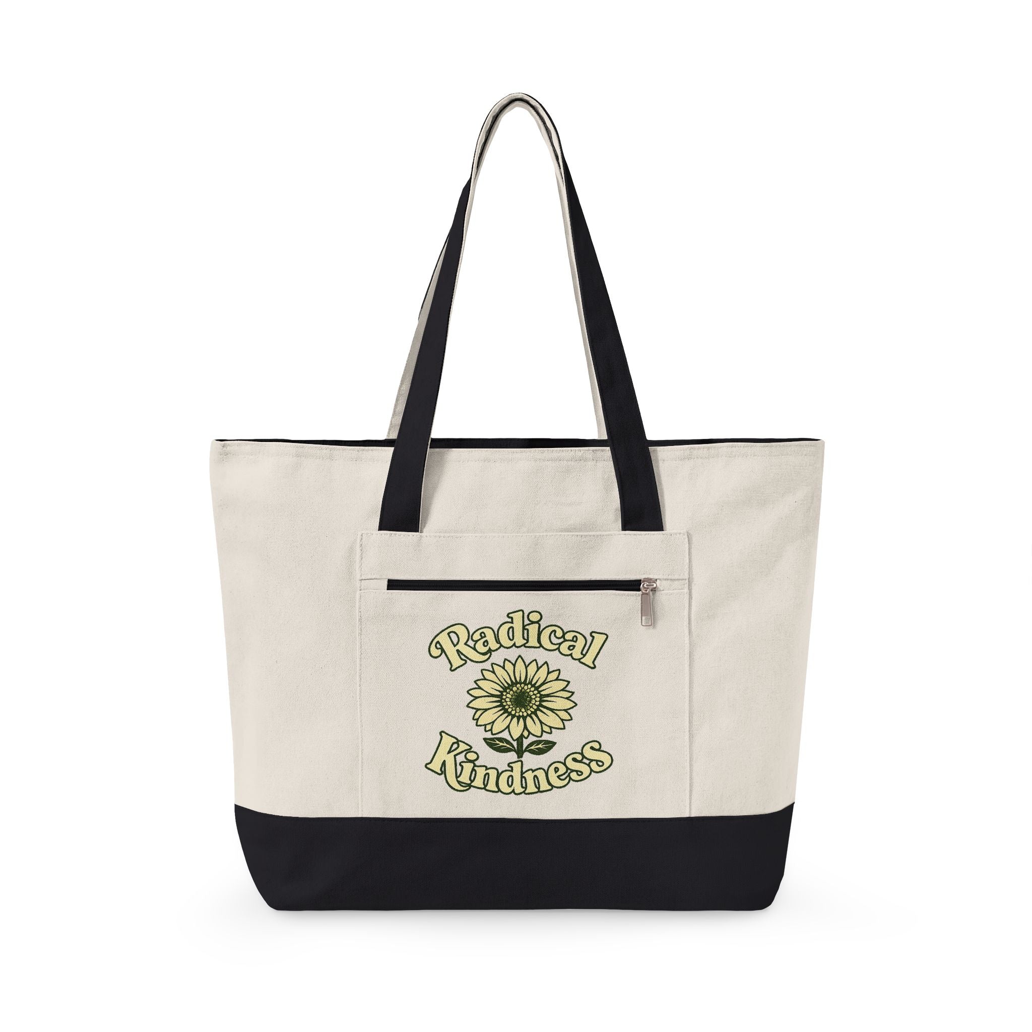 🌼 Radical Kindness Canvas Tote Bag — Sunflower Zippered Tote