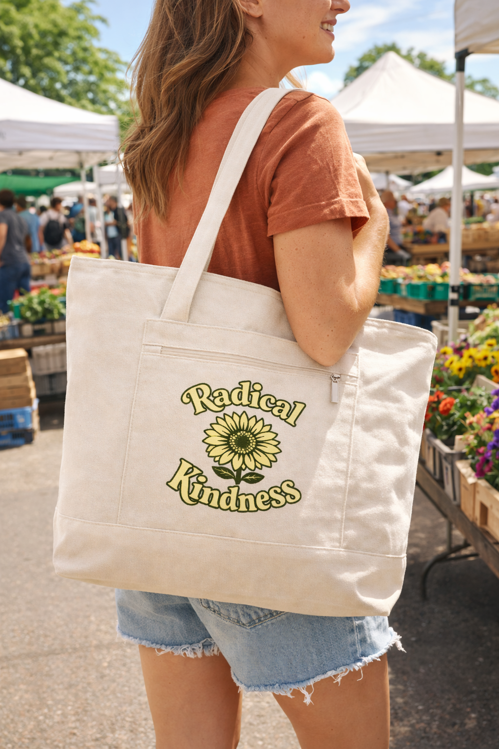 🌼 Radical Kindness Canvas Tote Bag — Sunflower Zippered Tote