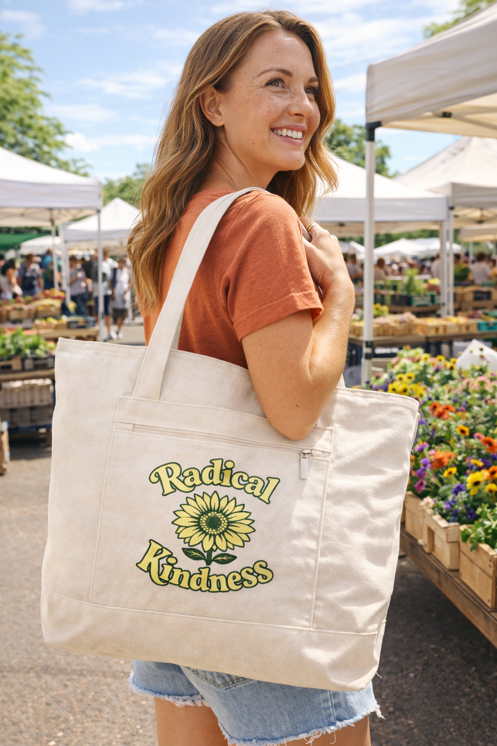 🌼 Radical Kindness Canvas Tote Bag — Sunflower Zippered Tote